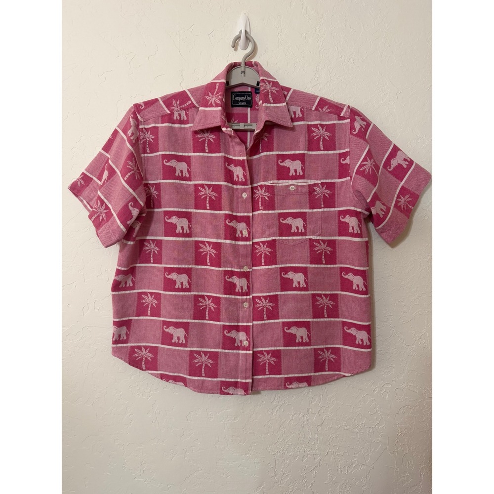 Vintage Company One Pink Elephant Palm Tree Block Print Hawaiian Aloha Shirt 2X